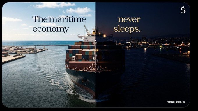 A split-day promotional image for Ethra Protocol showing a container ship, with the text 'The maritime economy' on the daytime left side and 'never sleeps.' on the nighttime right side.