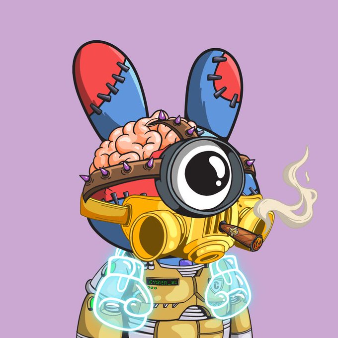 A digital illustration of a cartoon rabbit-like character wearing a yellow hazmat suit, a gas mask, and holding a cigar, with a brain exposed on top of its head and glowing cyan gloves.