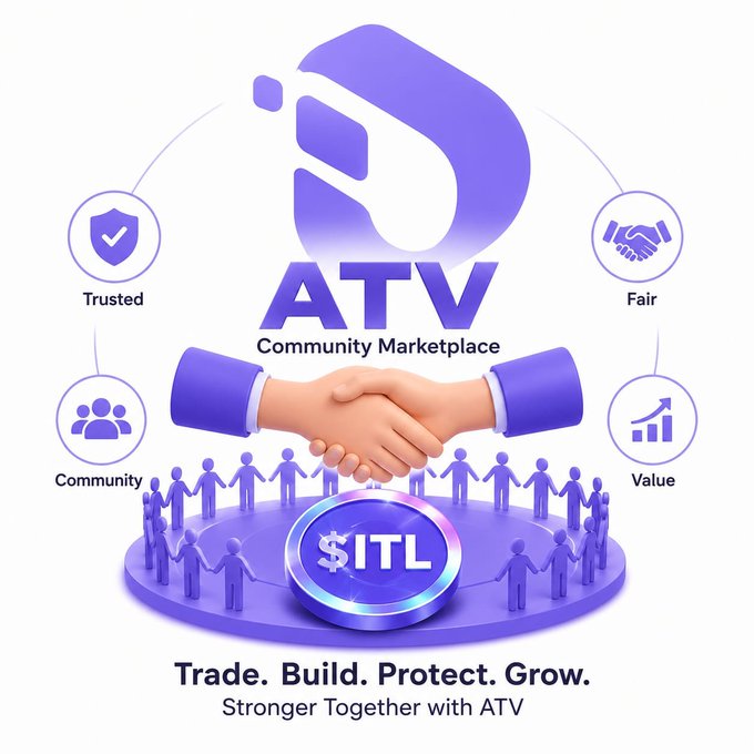 A promotional graphic for 'ATV Community Marketplace' featuring a handshake, a '$ITL' coin, and icons labeled 'Trusted', 'Community', 'Fair', and 'Value' with the tagline 'Trade. Build. Protect. Grow. Stronger Together with ATV'.