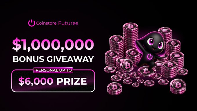 A promotional banner for 'Coinstore Futures' advertises a '$1,000,000 BONUS GIVEAWAY' with a 'PERSONAL UP TO $6,000 PRIZE', featuring a purple mascot character surrounded by stacks of glowing cryptocurrency coins.