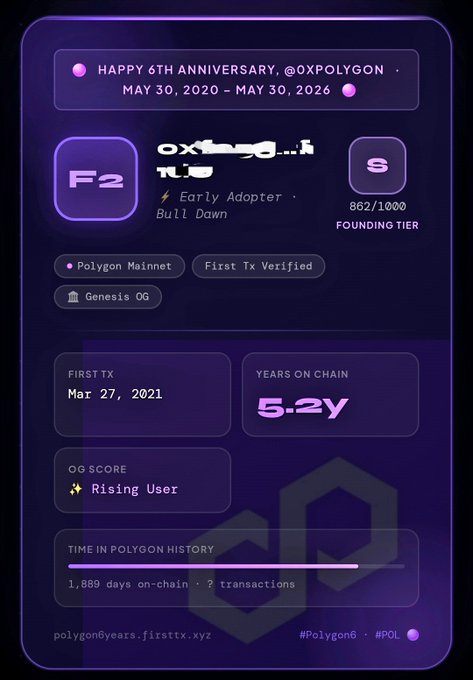 The image shows a purple screen with a message that reads "Happy 6th anniversary, # XPolygon!". The background of the screen is black, making the purple text stand out. There are two purple squares on the screen, one at the top left corner and another in the center right area. These squares contain information about the website's history and how long it has been a part of the Polygon Ecosystem.