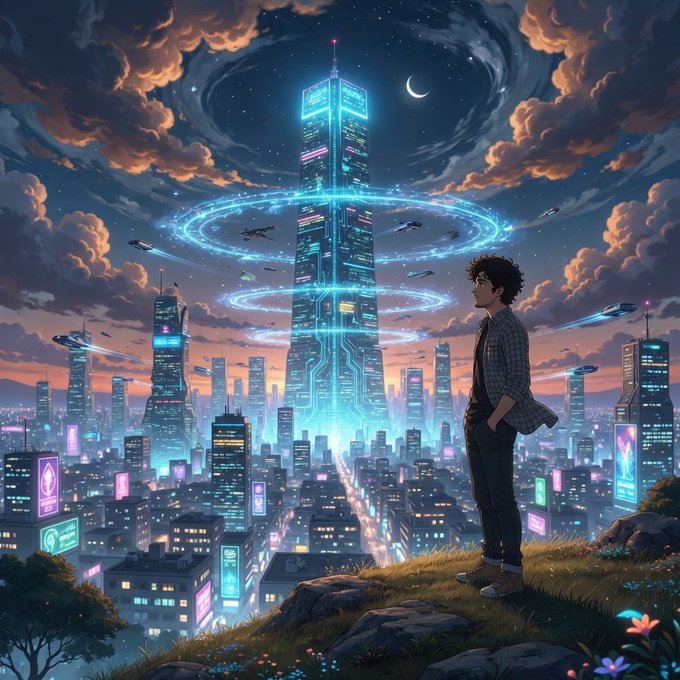 An anime-style digital artwork depicts a young man in a plaid shirt standing on a grassy hill, looking out over a futuristic, neon-lit cityscape with a glowing central skyscraper, flying vehicles, and a starry night sky.
