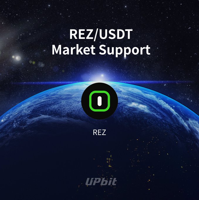 A promotional graphic showing Earth from space with the text 'REZ/USDT Market Support' and 'UPbit' logo, alongside a green REZ token icon.
