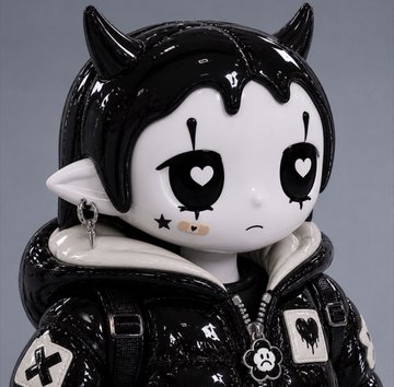 A 3D-rendered figurine of a character with black horns, heart-shaped eyes, and a black hoodie, featuring a skull zipper pull and stitched mouth details.