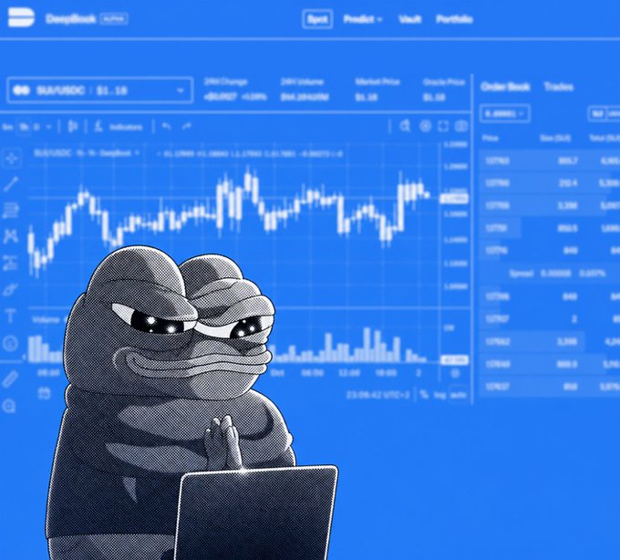 A Pepe the Frog meme character with a smug expression sits at a laptop in front of a DeepBook trading interface showing a price chart for SU/USD at $1.18.