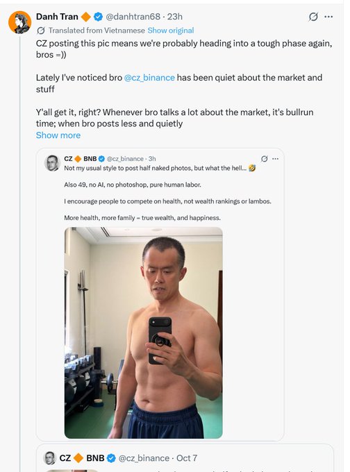 A tweet by Danh Tran (@danhtran68) quotes CZ's recent shirtless mirror selfie post from @cz_binance, which includes his fitness stats ("49, no AI, no photoshop, pure human labor") and remarks about health over wealth rankings, noting that CZ has been unusually quiet about the crypto market—implying the timing suggests an incoming bullish phase for BNB.