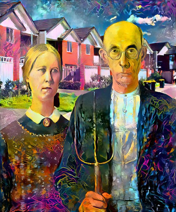 A colorful, textured parody of 'American Gothic' showing a blonde woman and a bald man with glasses holding a pitchfork, standing in front of suburban houses.
