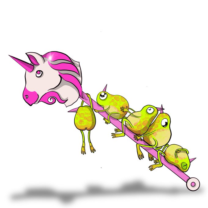 A cartoon image of a pink and white unicorn head holding a staff with several green frogs climbing on it.
