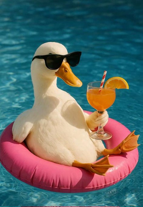 The image features a duck wearing sunglasses and holding an orange drink while floating on its back in a pool of water. The duck appears to be enjoying itself as it floats around with its drink.