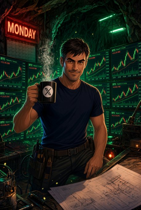 An illustrated image of a man holding a coffee mug with the X (Twitter) logo, surrounded by multiple screens displaying BTC price charts with a 'MONDAY' neon sign in the background.