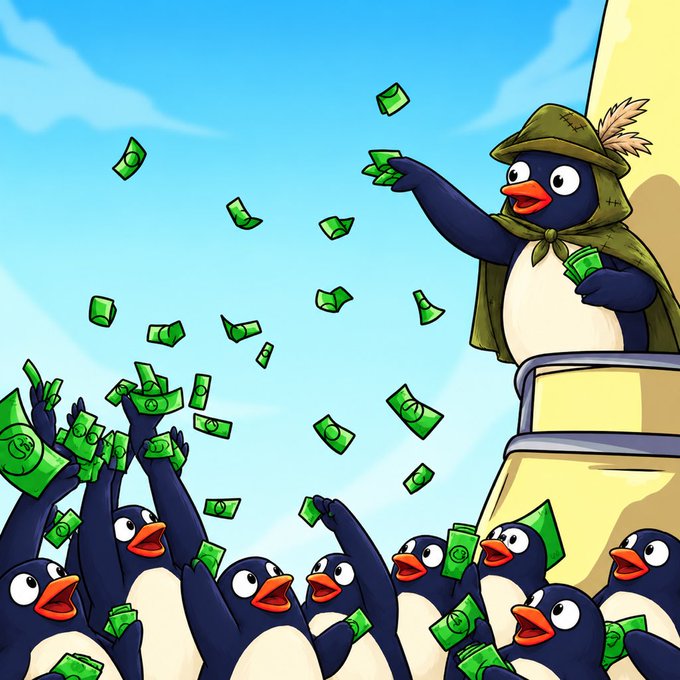 A cartoon illustration shows a penguin in a green cloak throwing green banknotes into the air for a cheering crowd of penguins.