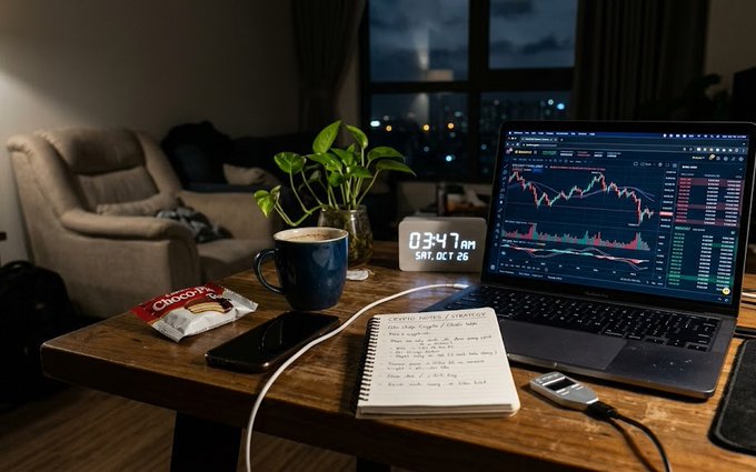A cozy dimly lit workspace with a laptop showing a stock trading chart, a notebook with handwritten notes, a coffee mug, a plant, and a digital clock reading "03:47 AM SAT, OCT 26".