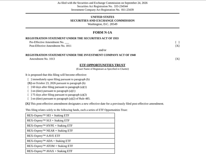 A SEC filing document for 'ETF OPPORTUNITIES TRUST' (Form N-1A) listing various REX-Osprey ETF funds including SEI + Staking ETF, SUI + Staking ETF, and HYPE + Staking ETF.
