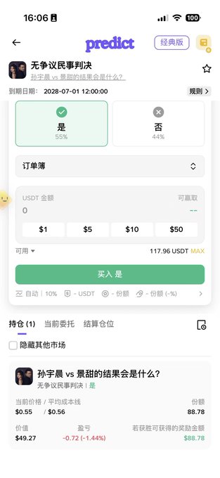 A mobile screenshot of a prediction app called 'predict' showing a market titled '无争议民事判决' (Undisputed Civil Judgment) about a match between '孙宇晨 vs 景甜' (Justin Sun vs Jing Tian), with '是' (Yes) at 55% and '否' (No) at 44%, offering trading at prices like $0.55/$0.56.