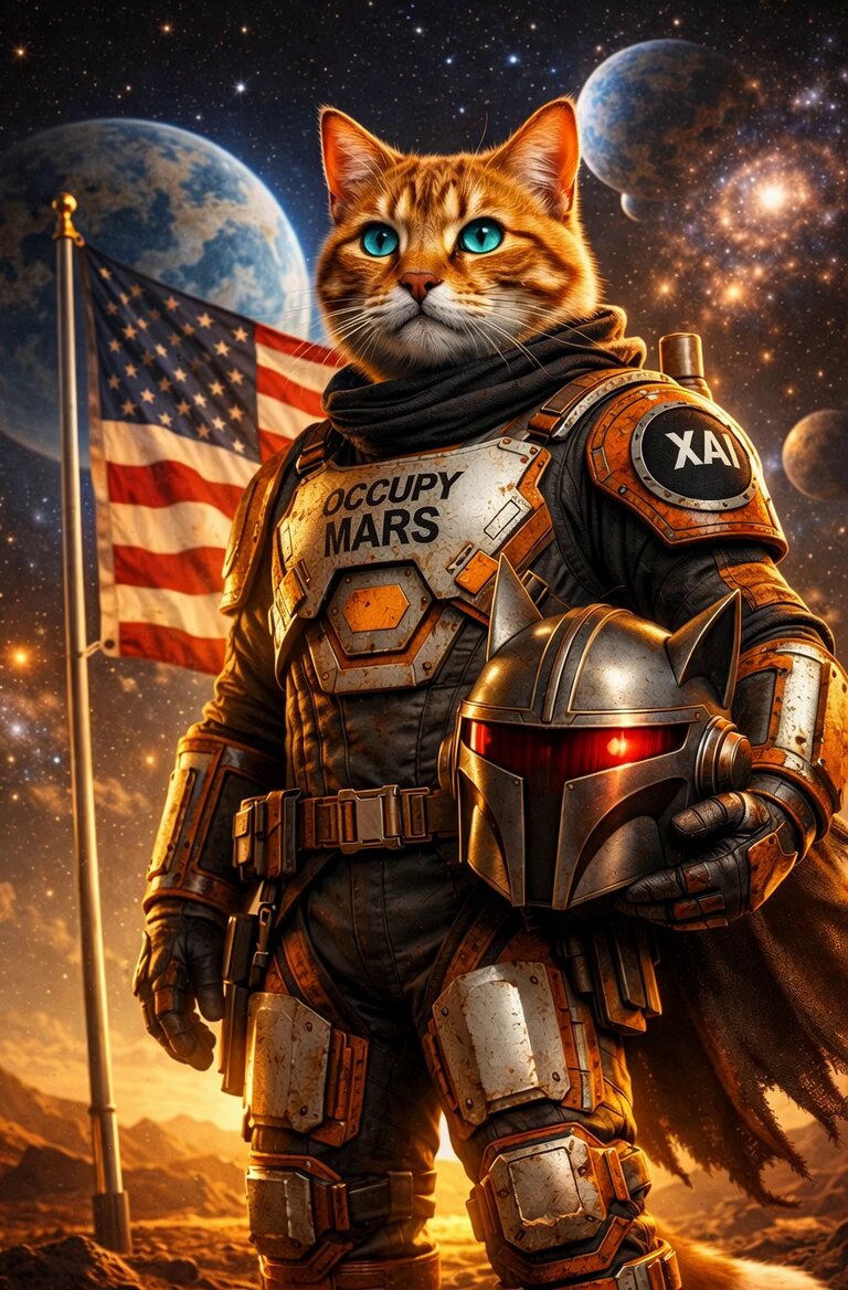 The image features a cat dressed as a soldier with a helmet and a cape, standing next to an American flag. The caption reads "Yo yo yo Alpha Warrior's The Frontier doesn't wait to evolve when others chase trends, this isn't". This suggests that the artist is creating a unique piece of art by combining elements from popular culture (the cat) with historical or patriotic symbols (the American flag). The image seems to be promoting a sense of adventure and exploration, as well as celebrating the spirit of patriotism.