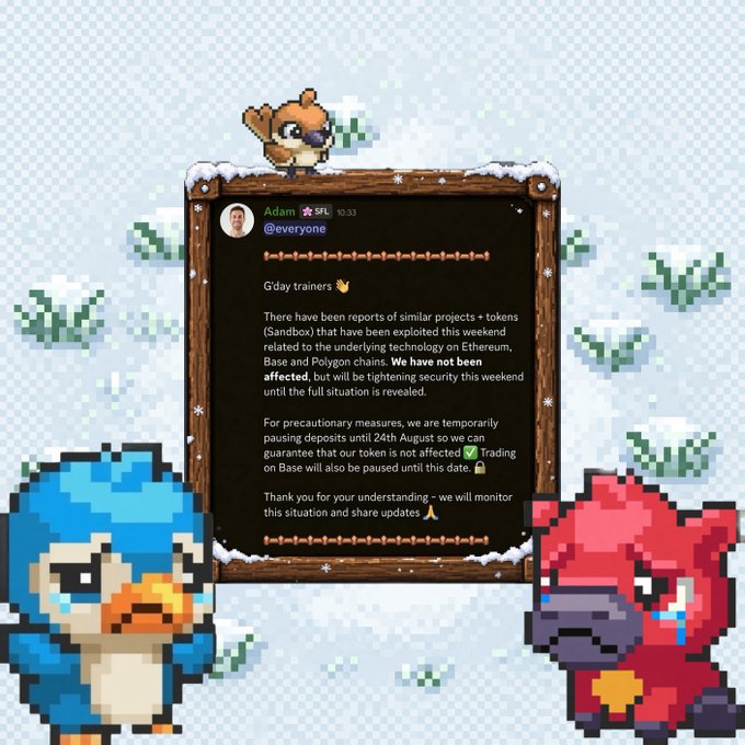 A pixel-art graphic showing an announcement from Adam regarding security issues with Sandbox on Base and Polygon chains, with pixelated bird characters (blue and red) in the foreground.
