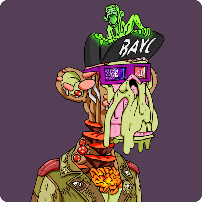 A surreal digital illustration of a BAYC (Bored Ape Yacht Club) character with melting green features, wearing a 'BAYC' cap and psychedelic 3D glasses.
