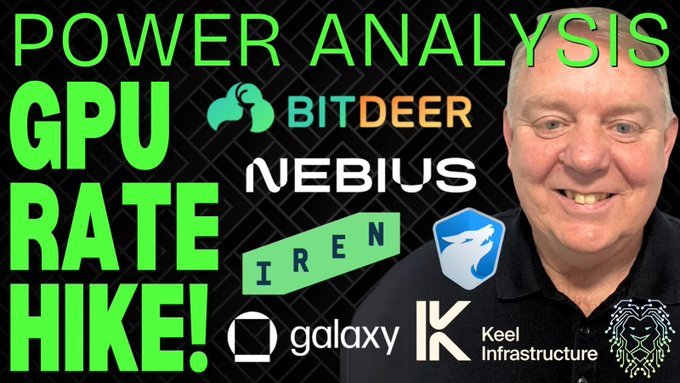 A YouTube thumbnail titled 'POWER ANALYSIS GPU RATE HIKE!' features a smiling man alongside logos for Bitdeer, Nebius, IREN, Galaxy, and Keel Infrastructure.