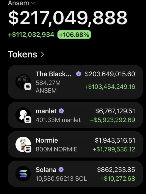 The image displays a portfolio dashboard for "Ansem" showing a total balance of $217,049,888 with a gain of +$112,032,934 (+106.68%), broken down by holdings including The Black... ($203,649,015.60, 584.27M ANSEM), manlet ($6,767,129.51, 401.33M manlet), Normie ($1,943,516.51, 800M NORMIE), and Solana ($862,253.85, 10.53096213 SOL), illustrating the massive memecoin portfolio referenced in the post about Ansem's wallet accumulation exceeding $200 million across various Solana memecoins.