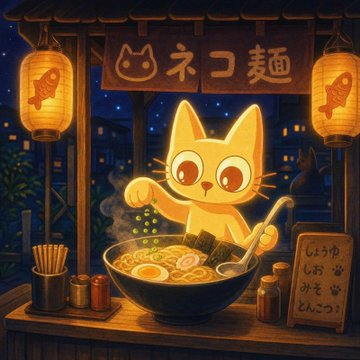 An adorable anime-style orange cat stands behind a steaming bowl of ramen at a lantern-decorated noodle stand, with signs reading "ネコ麺" (cat noodles) and "🐾 しょうゆ ネコミソ にとこつ" as the cat whisks broth into a tasty dish. The cozy ramen shop scene cleverly mirrors the post's theme of picking "the right bowl" of crypto tokens—$cets and $moon—warning traders not to over-chase hype without real volume, just like chasing ramen without substance leads to disappointment.