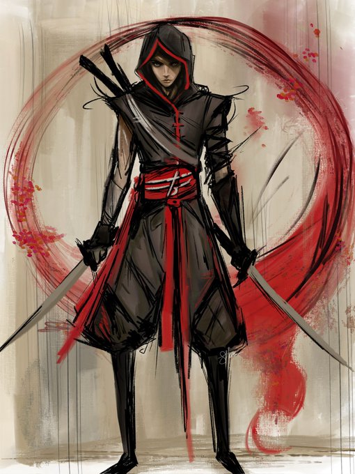 A stylized concept art of a hooded ninja warrior in black and red robes wielding two swords, set against a background with red ink splashes.