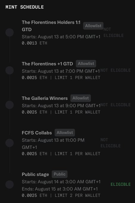 A 'MINT SCHEDULE' detailing allowlist stages including 'The Florentines Holders 1:1 GTD', 'The Florentines +1 GTD', 'The Galleria Winners', 'FCFS Collabs', and a 'Public stage' starting August 14 at 3:00 AM GMT+1, all priced at 0.0025 ETH except the first stage.