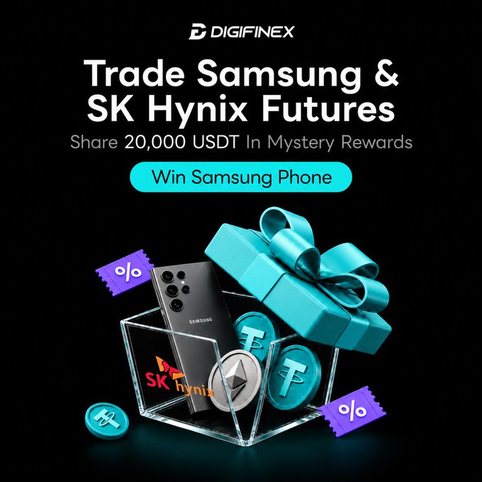 A DigiFinex promotional graphic advertising 'Trade Samsung & SK Hynix Futures' with a chance to 'Win Samsung Phone' and share in 20,000 USDT mystery rewards.