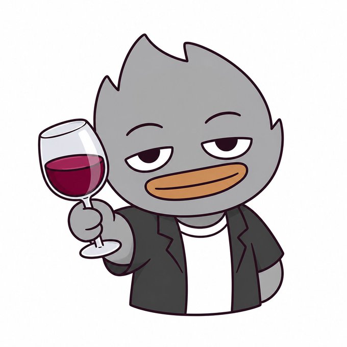 A cartoon-style illustration of a gray duck character wearing a black jacket over a white shirt, holding up a glass of red wine with a relaxed expression.