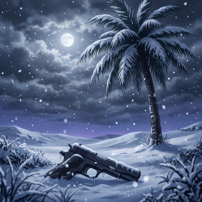 A digital illustration showing a semi-automatic handgun covered in ice and icicles, sitting in the snow near a snow-covered palm tree under a full moon and falling snow.