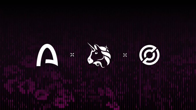 Three white icons displayed on a dark purple glitch-textured background: an arch/portal shape, a unicorn head, and a circular logo with a slash through it, separated by multiplication symbols.