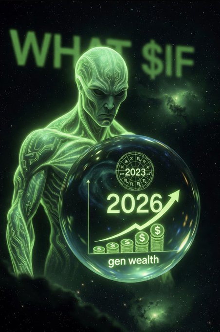 A digital artwork titled 'WHAT $IF' featuring a green alien-like figure holding a crystal ball that displays a rising financial chart with the years '2023' and '2026' and the text 'gen wealth'.