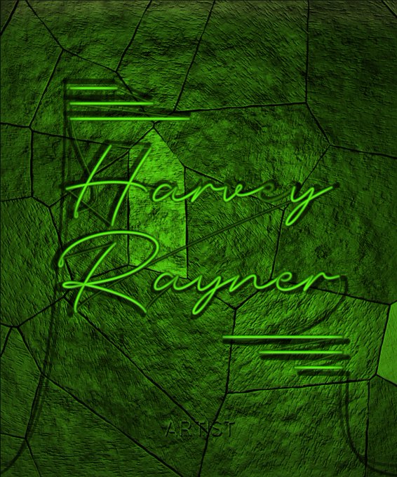 A stylized green poster or cover featuring neon green cursive text reading 'Harvey Rayner' and 'ARTIST' over a textured, cracked green background.