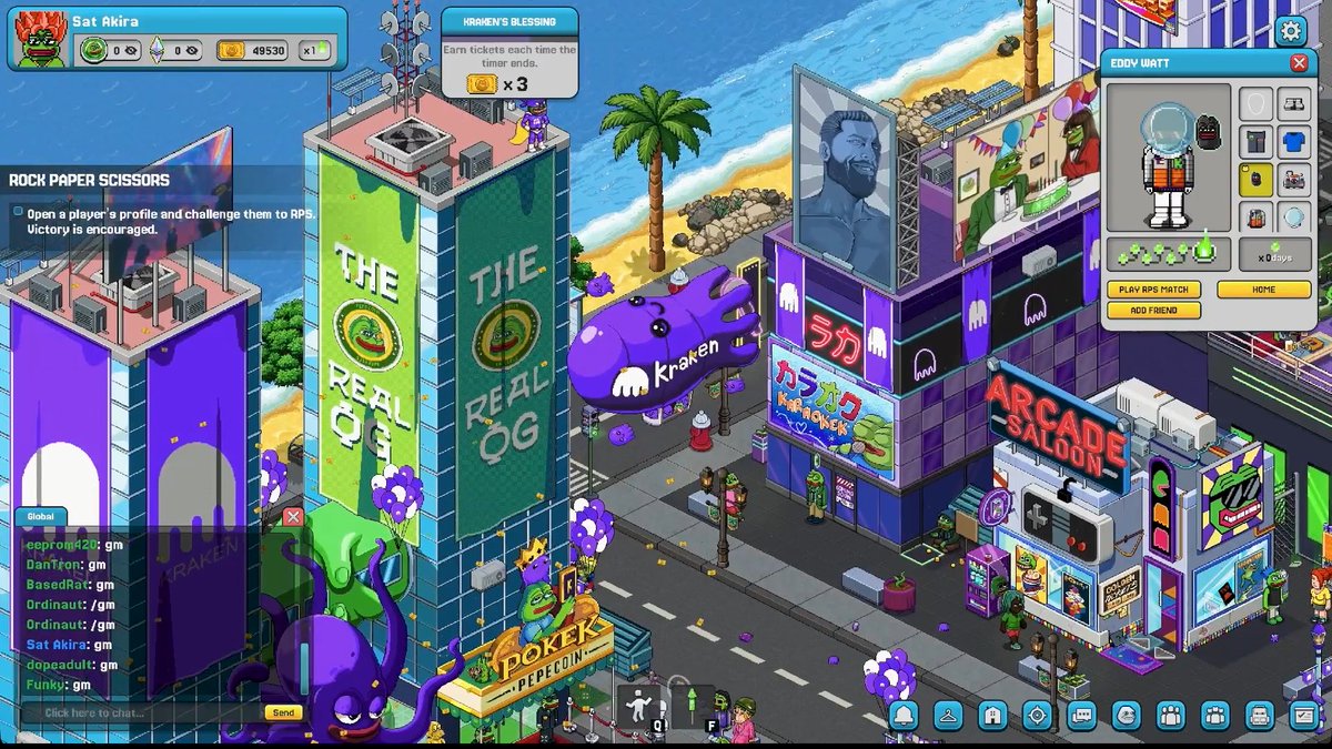 A screenshot of the video game 'Town Star' or similar pixel-art city builder game, showing various colorful buildings, a giant purple Kraken balloon, and player interfaces.