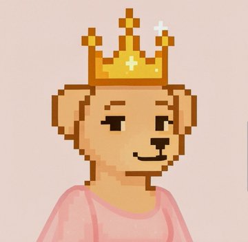 A pixel art illustration of a dog wearing a gold crown and a pink robe.