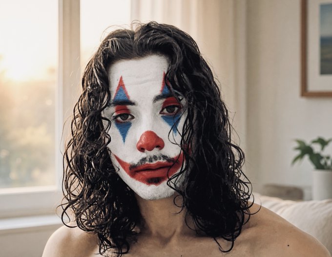 A person wearing dramatic clown makeup with white face paint, red nose, and blue and red triangles around the eyes, standing indoors near a window.