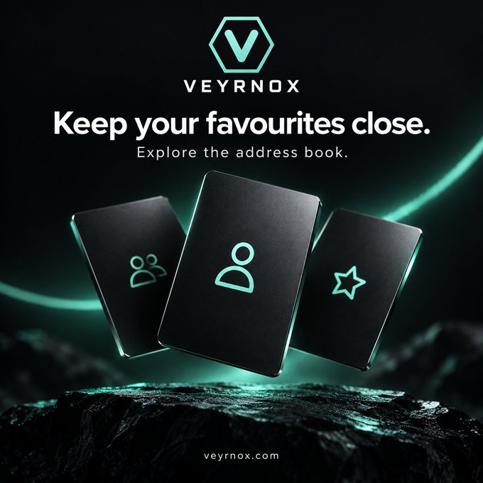 A promotional advertisement for VEYRNOX featuring a hexagonal 'V' logo, the tagline "Keep your favourites close. Explore the address book," and three dark metallic cards displaying glowing icons for contacts, profiles, and favorites.