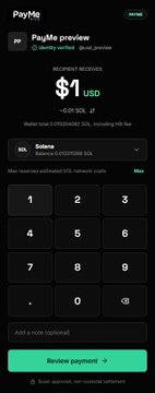 PayMe app payment preview screen showing a recipient receipt of $1 USD with a memo 'test', a 1% fee, and a numeric keypad for entering the payment amount.