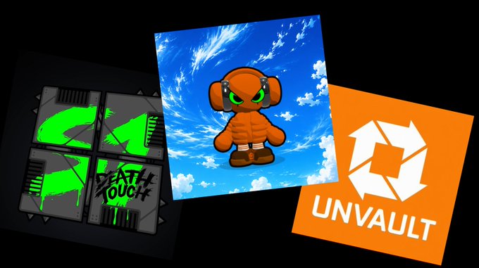 Three graphic tiles displayed against a black background: a "DEATH TOUCH" tile, a boxer character with green eyes, and an orange "UNVAULT" logo.