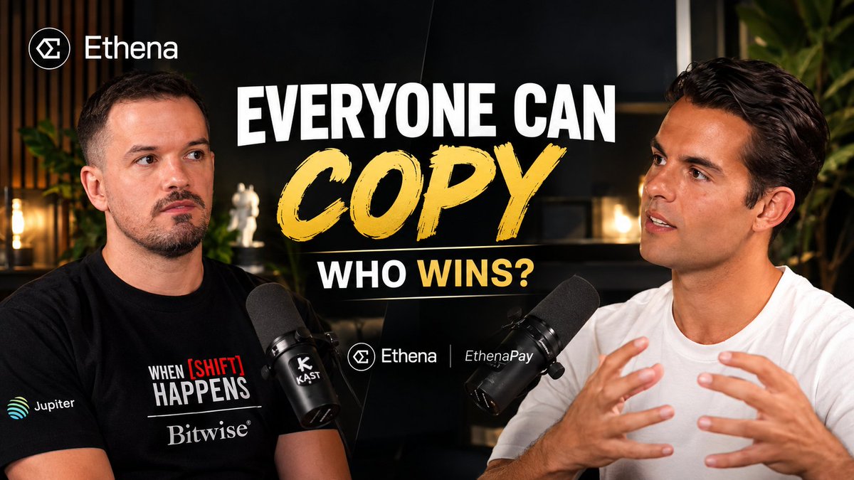 A podcast thumbnail for Ethena titled "EVERYONE CAN COPY WHO WINS?" featuring two men with microphones (Kast) discussing what differentiates winning crypto neobanks when products become commoditized, with sponsor logos for Jupiter and Bitwise visible.