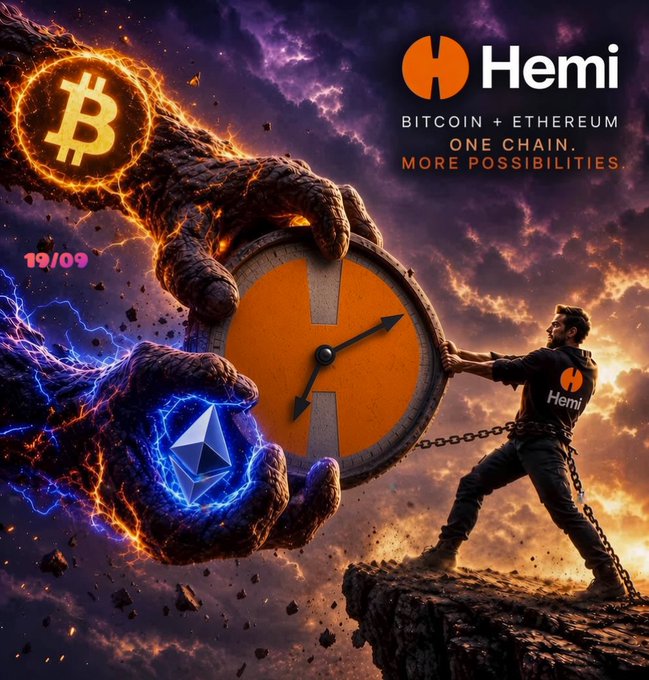 A dramatic promotional image for Hemi shows a chained figure pushing against a giant clock held back by fiery Bitcoin and electric Ethereum hands, with the text "19/09," "BITCOIN + ETHEREUM, ONE CHAIN. MORE POSSIBILITIES," and the Hemi logo, visualizing the post's message of uniting the two blockchains into one chain.