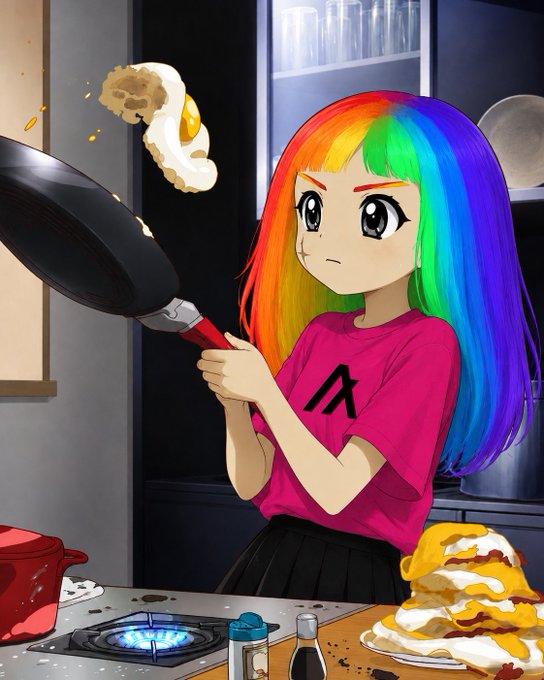 An anime-style illustration of a girl with long rainbow-colored hair looking displeased as she flips a fried egg out of a frying pan, with a stack of pancakes visible on the counter.