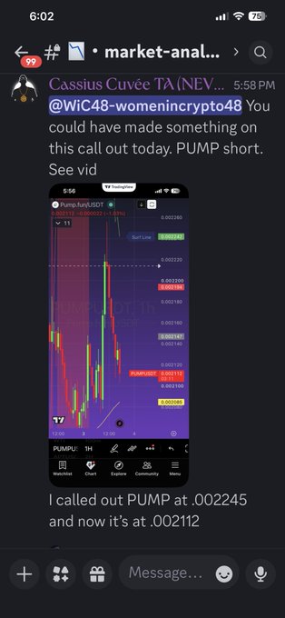 Discord screenshot from market-anal channel showing a message from Cassius Cuvée TA calling out a PUMP short trade with a TradingView chart of Pump.fun/USDT price action.