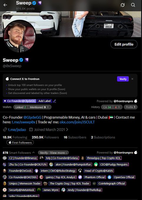 The image shows an X/Twitter profile for "Sweep" (@0xSweep), a verified user with 18.9K Following and 250.9K Followers, whose bio reads "Co-Founder @GlydeGG | Programmable Money, AI & cars | Dubai." The profile prominently features a FrontRun pro "Smart Followers" banner listing 878 notable crypto accounts (including "CZ | Founder@Binance," "tol..." and "threadguy | Top Crypto KOL"), directly illustrating the tweet's claim that FrontRun pro helps traders identify influential "smart followers" of project developers before investing.