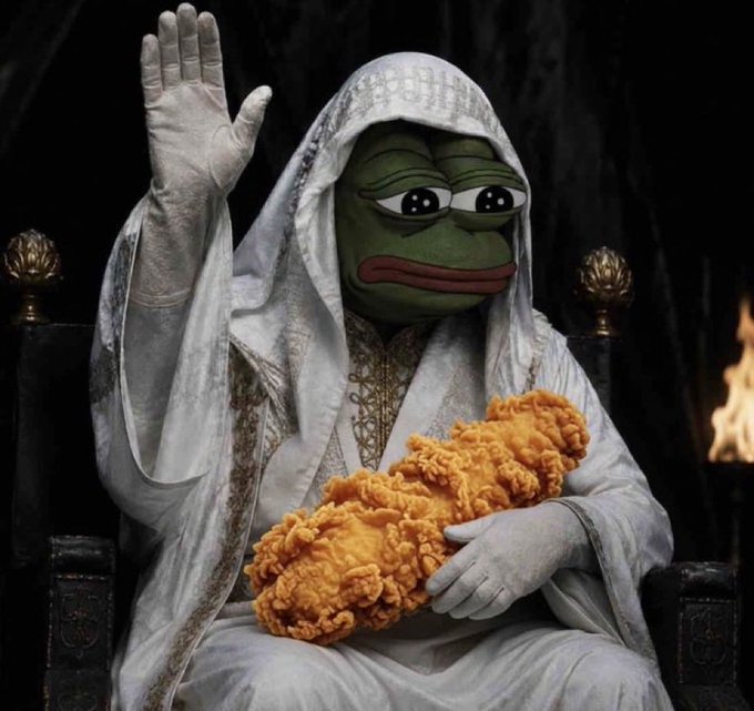 A humorous AI-generated image of the Pepe the Frog meme dressed in white robes with a hood, sitting on an ornate throne and holding a piece of fried chicken, resembling Emperor Palpatine.