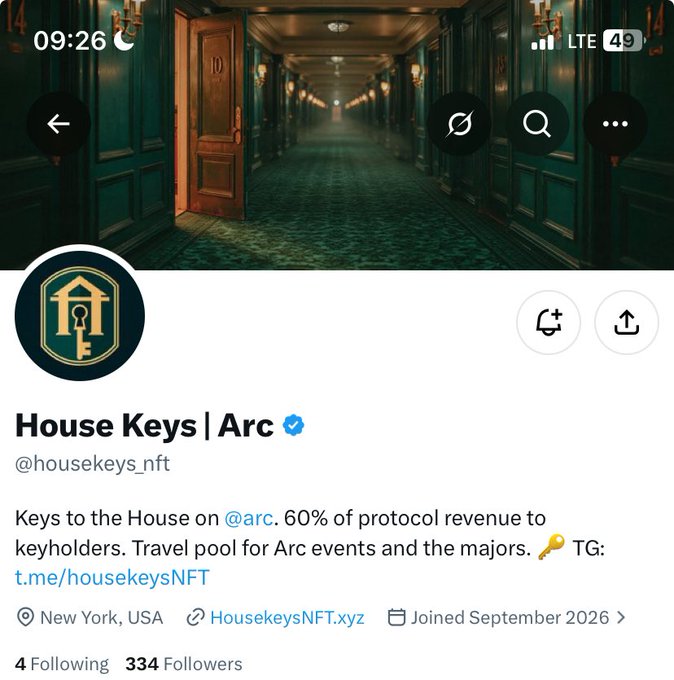 A Twitter/X profile for 'House Keys | Arc' (@housekeys_nft) with a key-and-house logo, set against a hallway background with text mentioning protocol revenue to keyholders.