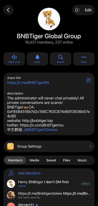 A Telegram group page for 'BNBTiger Global Group' with 16,427 members, featuring a tiger cub avatar and a description warning against private conversations and scams.