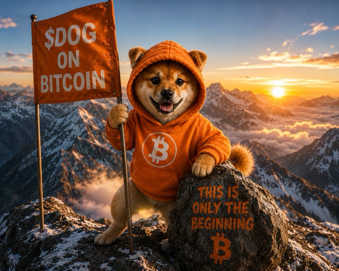 A Shiba Inu dog wearing an orange Bitcoin hoodie stands triumphantly on a mountain peak at sunset, holding a '$DOG ON BITCOIN' flag and standing next to a rock inscribed with 'THIS IS ONLY THE BEGINNING' and a Bitcoin symbol.