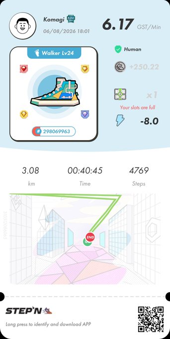 A StepN app screenshot showing a Walker Lv24 sneaker NFT with 6.17 GST/Min earnings, a user named Komagi (06/08/2026 18:01), and activity stats: 3.08 km, 00:40:45 time, 4769 steps.