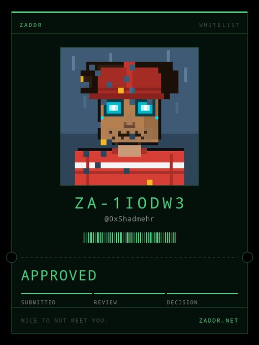 A digital approval card from ZADDR displays a pixel art character with the identifier "ZA-11ODW3" and handle "@0xShadmehr", marked "APPROVED" with a barcode.