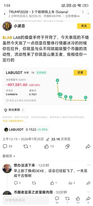 The image shows a Chinese cryptocurrency social media post featuring LAB token analysis, with LABUSDT shown at 0.1522 (+0.99%) and a dramatic price spike to 0.6496816 representing a +328.00% gain, suggesting the poster's enthusiasm about profiting from altcoin volatility aligns with the caption's message about trading contracts and altcoins for excitement.